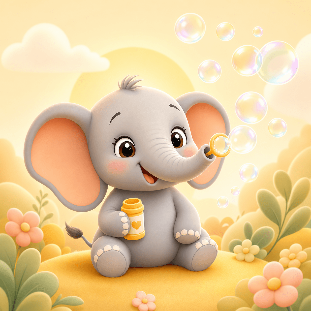 A playful baby elephant blowing bubbles